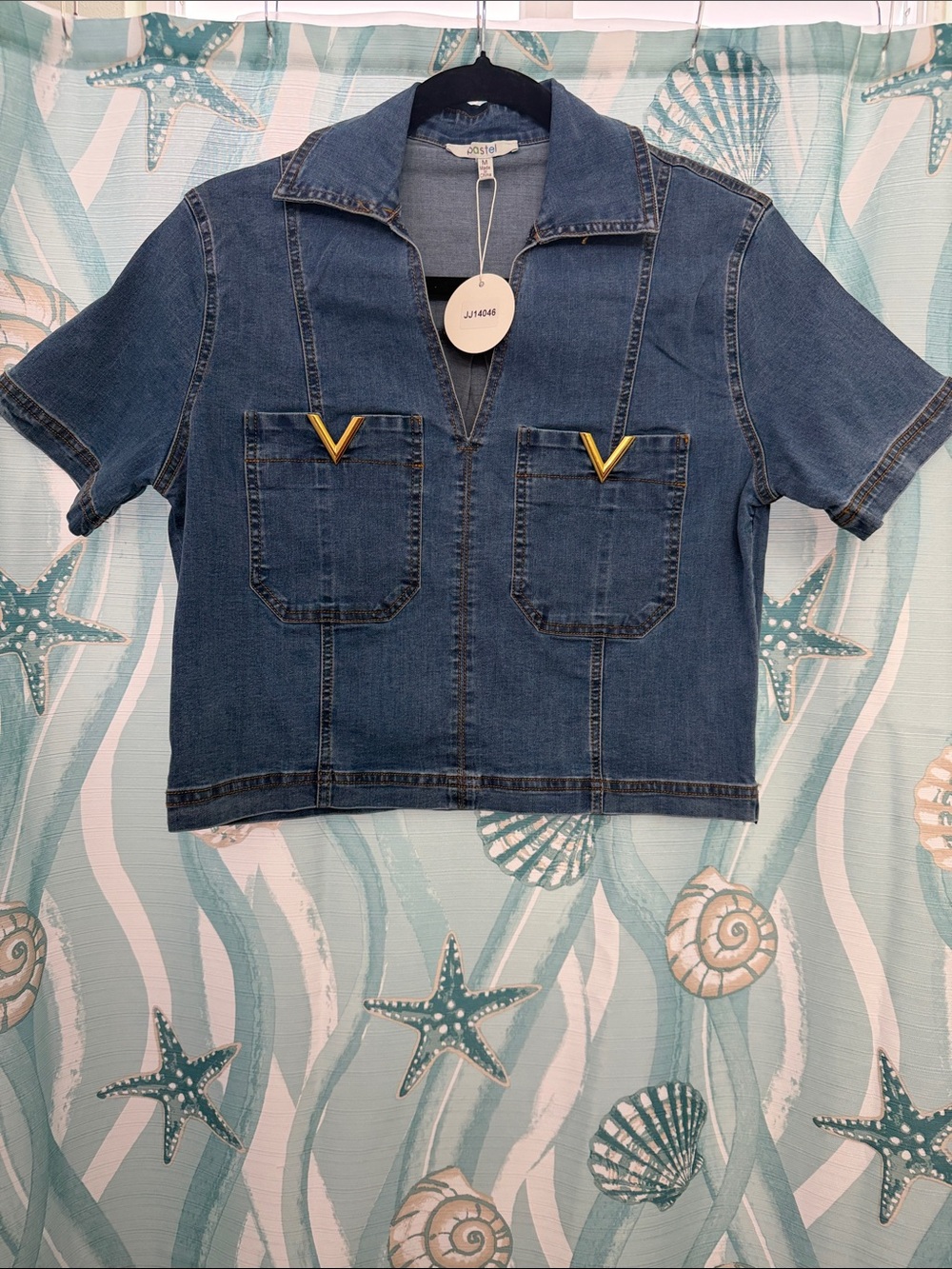 Pastels Denim Short-Sleeve Cropped Jacket with Gold V Details